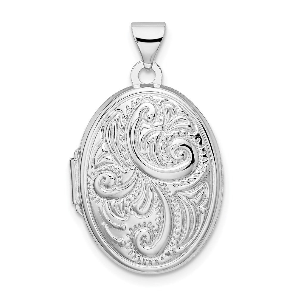 Sterling Silver Rhodium-plated Reversible Scroll Oval Locket, 28 x 17 mm
