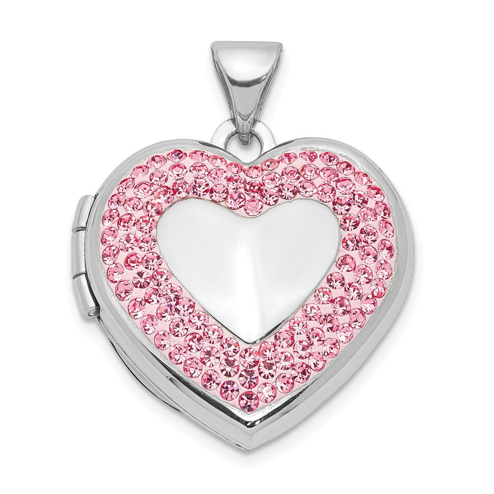Sterling Silver Rhodium-plated 18mm Pink Preciosa Crystal Heart Locket, 23.75 x 18.8 mm