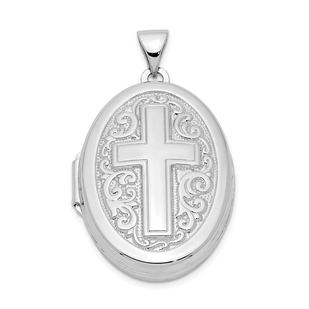 Sterling Silver Rhodium-plated Oval Cross Locket, 33.4 x 19.55 mm