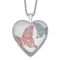 Sterling Silver RH-plated 20mm Enamel Butterflies Heart Locket Necklace, 18 x 19.6 mm