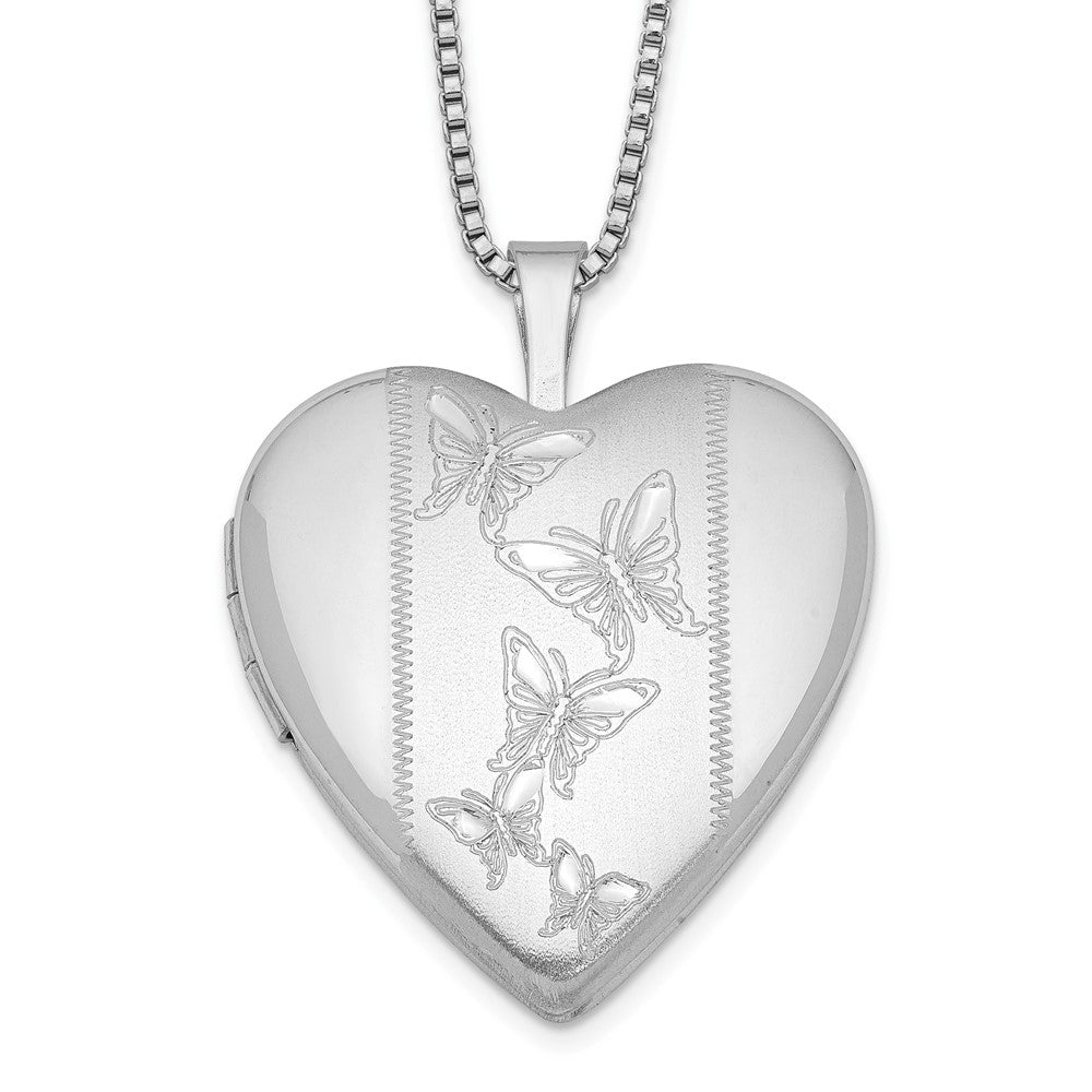Sterling Silver Rhodium-plated 20mm Butterflies Heart Locket Necklace, 18 x 19.63 mm