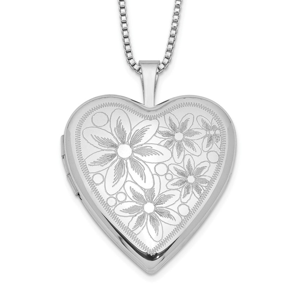 Sterling Silver Rhodium-plated 20mm with Daisies Heart Locket Necklace, 18 x 19.6 mm