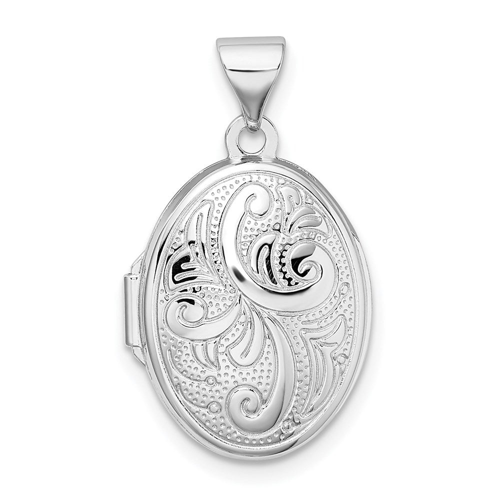 Sterling Silver Rhodium-plated Scroll Design Oval Locket, 24 x 14.15 mm