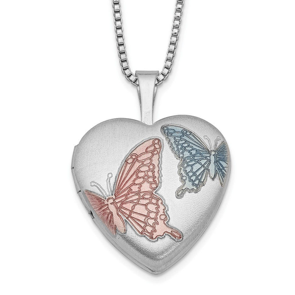 Sterling Silver RH-plated 16mm Satin Enamel Butterfly Heart Locket Necklace, 18 x 16.05 mm