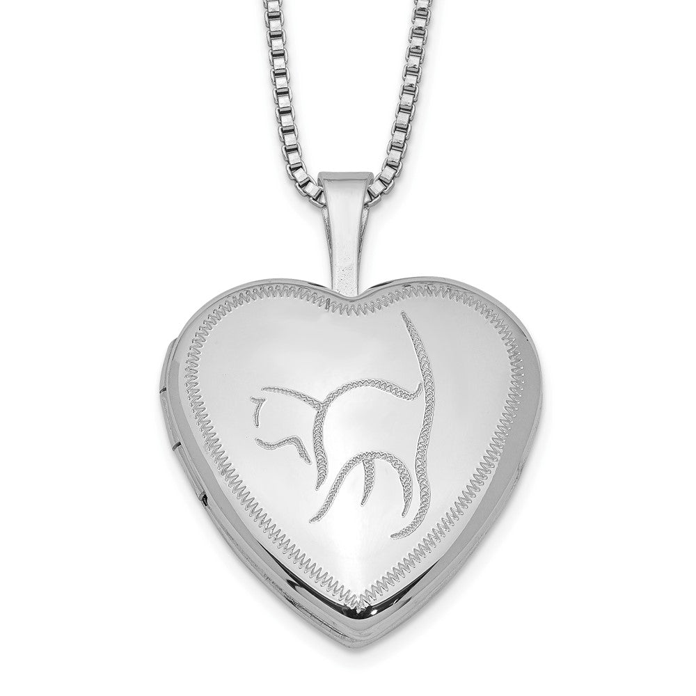 Sterling Silver Rhodium-plated 16mm Cat Heart Locket Necklace, 18 x 16.2 mm