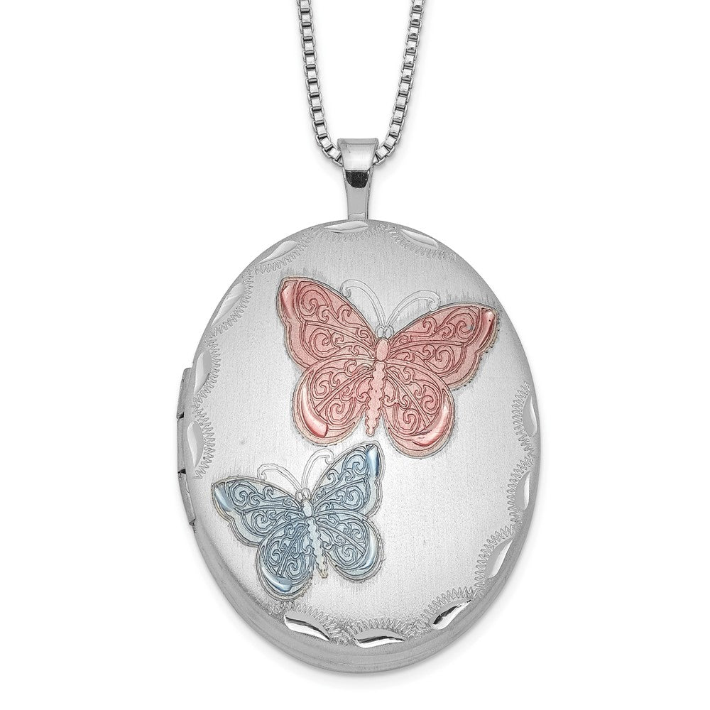 Sterling Silver RH-plated 26mm Enameled Butterfly Oval Locket Necklace, 18 x 20.55 mm