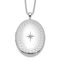 Sterling Silver Rhod-plated 26mm Circle Border Diamond Oval Locket Necklace, 0.015 ct, 18 x 20.5 mm