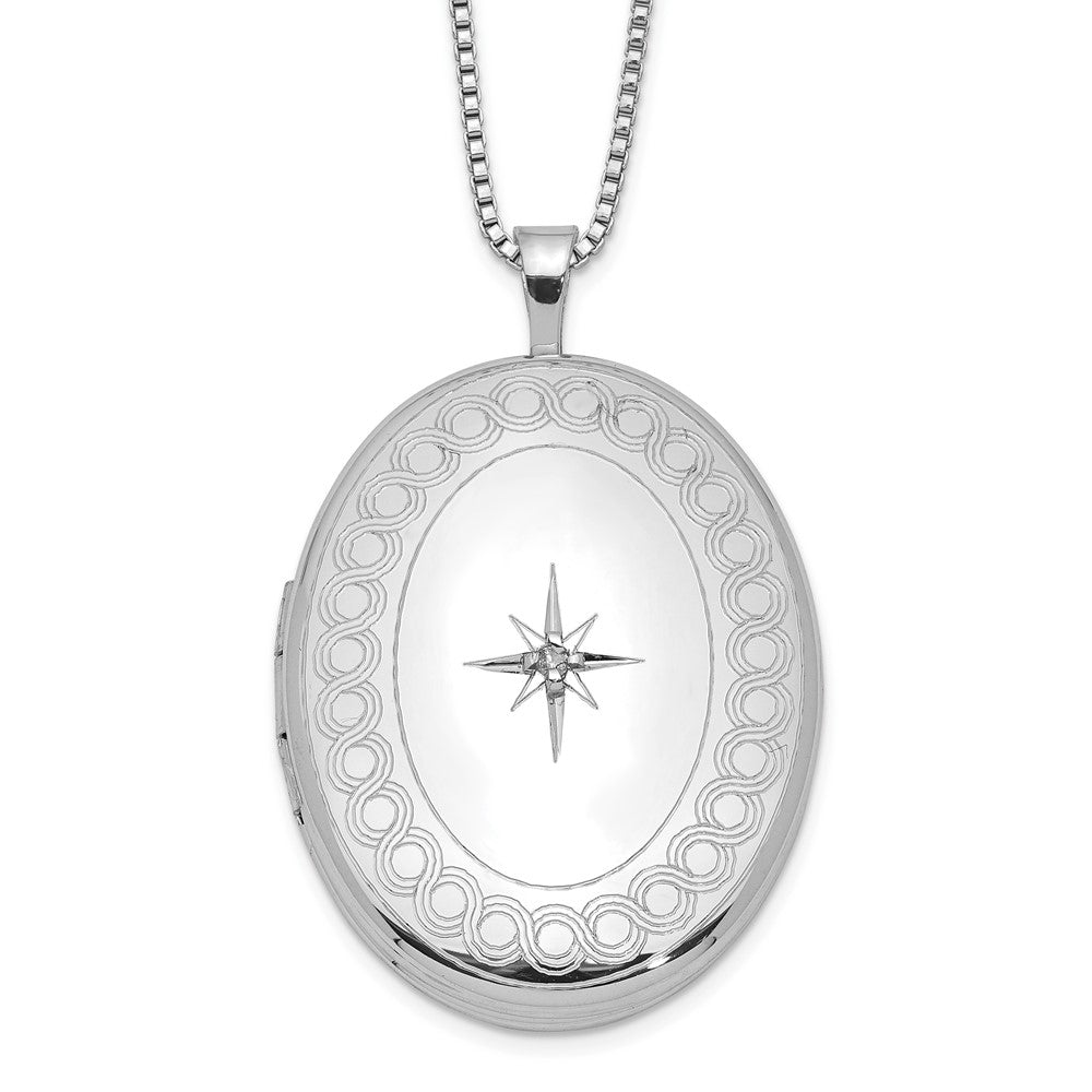 Sterling Silver Rhod-plated 26mm Circle Border Diamond Oval Locket Necklace, 0.015 ct, 18 x 20.5 mm