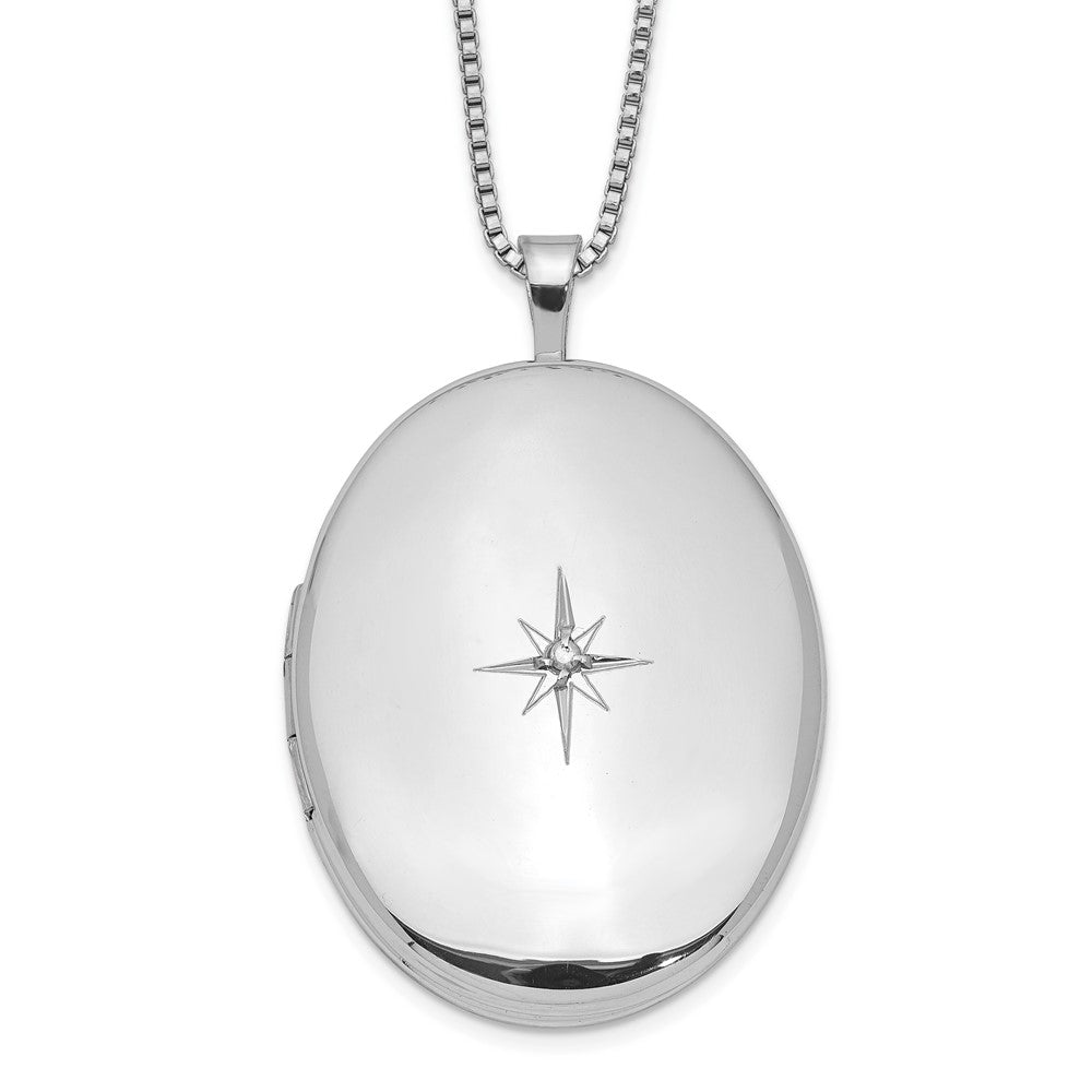 Sterling Silver Rhodium-plated Diamond 26mm Oval Locket Necklace, 0.015 ct, 18 x 20.4 mm