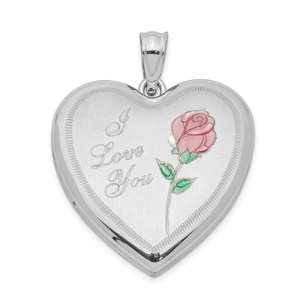 Sterling Silver Rhodium-plated 24mm Enameled Rose Heart Locket, 30.5 x 23.75 mm