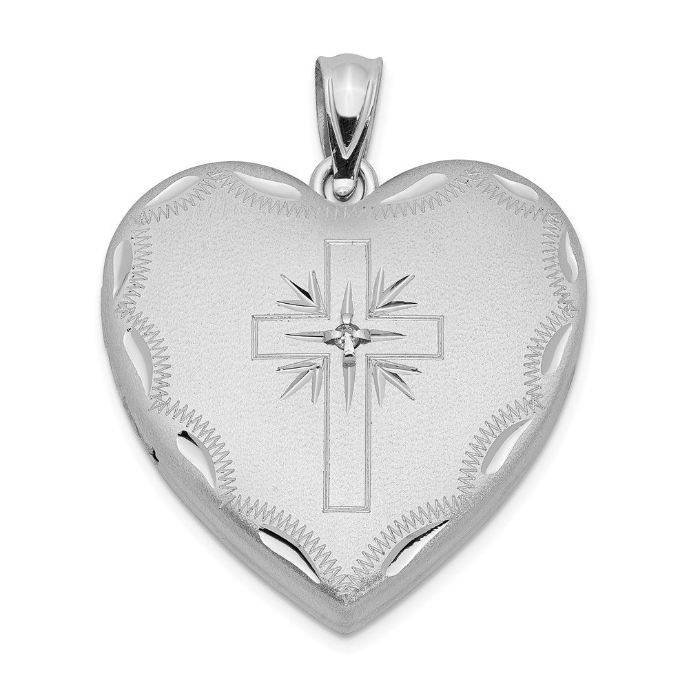 Sterling Silver RH-plated 24mm Satin & D/C w/ Diamond Cross Heart Locket, 0.01 ct, 30 x 23.75 mm