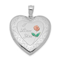 Sterling Silver Rhodium-plated 24mm Enameled Rose with Border Heart Locket, 30 x 23.7 mm