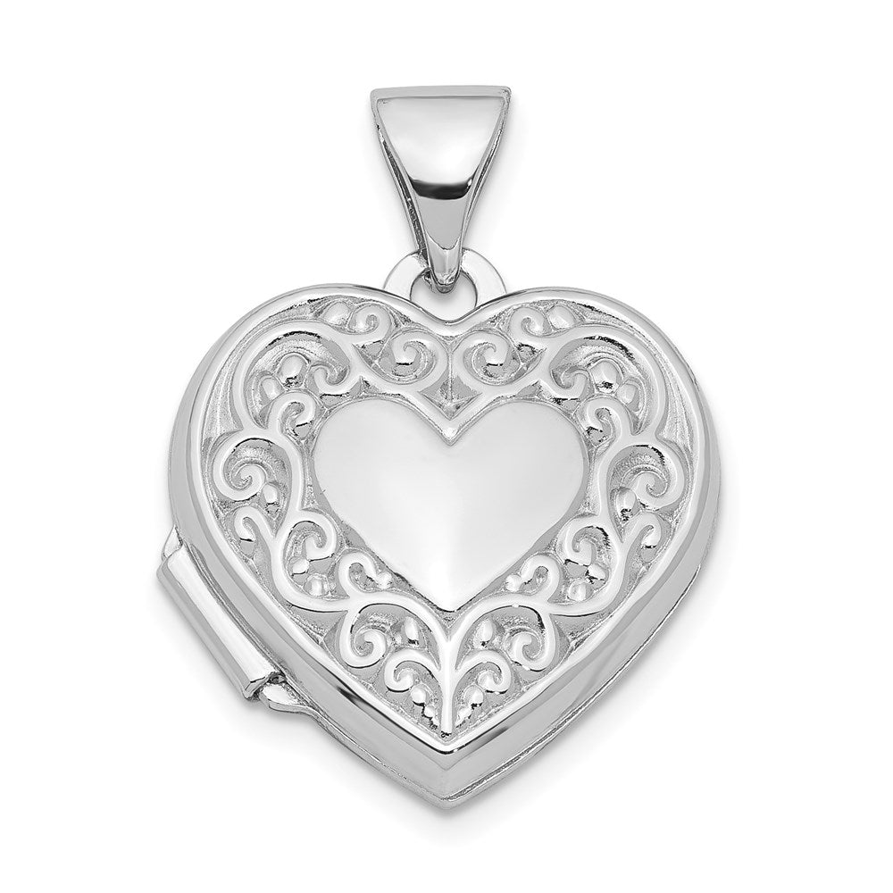 Sterling Silver Rhodium-plated Scroll Border Heart Locket, 21.2 x 15.8 mm