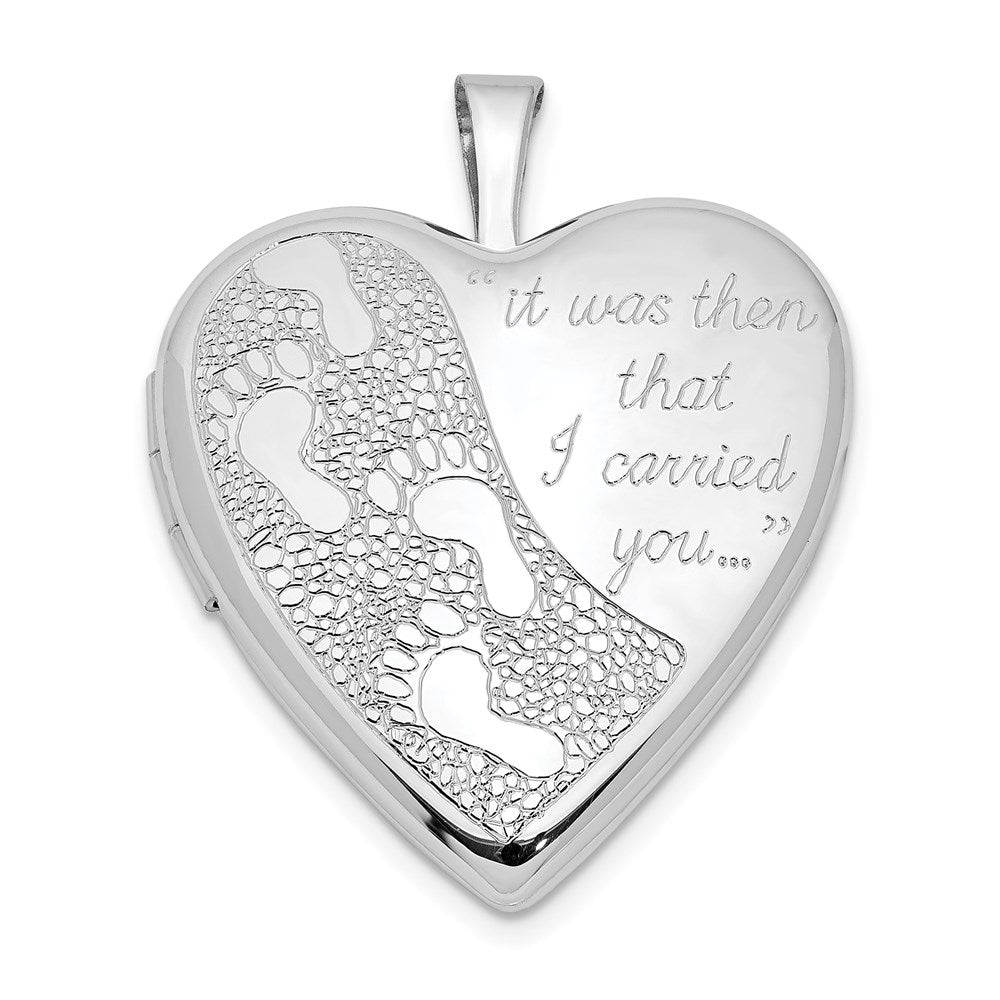 Sterling Silver Rhodium-plated 20mm Footprints Heart Locket, 25.25 x 20 mm