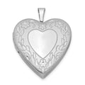 Sterling Silver Rhodium-plated 20mm Floral Border Heart Locket, 25.15 x 19.55 mm
