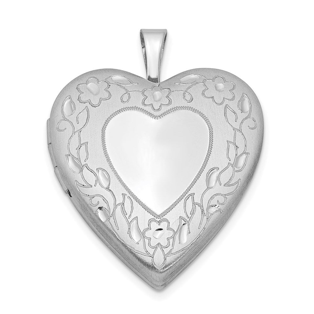 Sterling Silver Rhodium-plated 20mm Floral Border Heart Locket, 25.15 x 19.55 mm