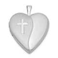 Sterling Silver Rhodium-plated 20mm Satin/Polished Cross Heart Locket, 25.15 x 19.6 mm