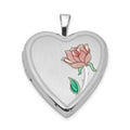 Sterling Silver Rhodium-plated Satin 20mm Enameled Rose Heart Locket, 25.15 x 19.55 mm