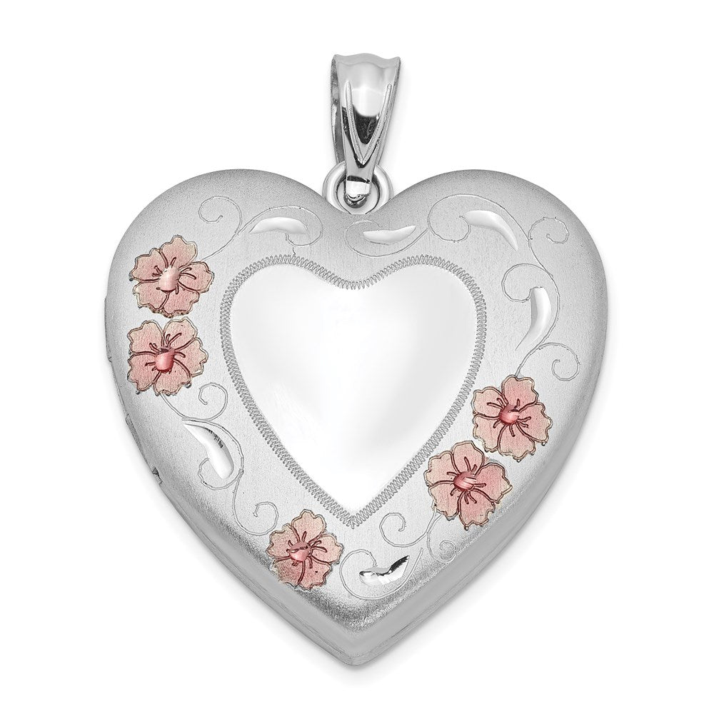 Sterling Silver Rhodium-plated 24mm Enameled Floral Border Heart Locket, 30.1 x 23.75 mm, 4.56 g - ID5S9QLS3278L7