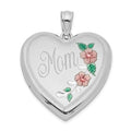 Sterling Silver Rhodium-plated 24mm Enameled Floral Mom Heart Locket, 30.25 x 24 mm