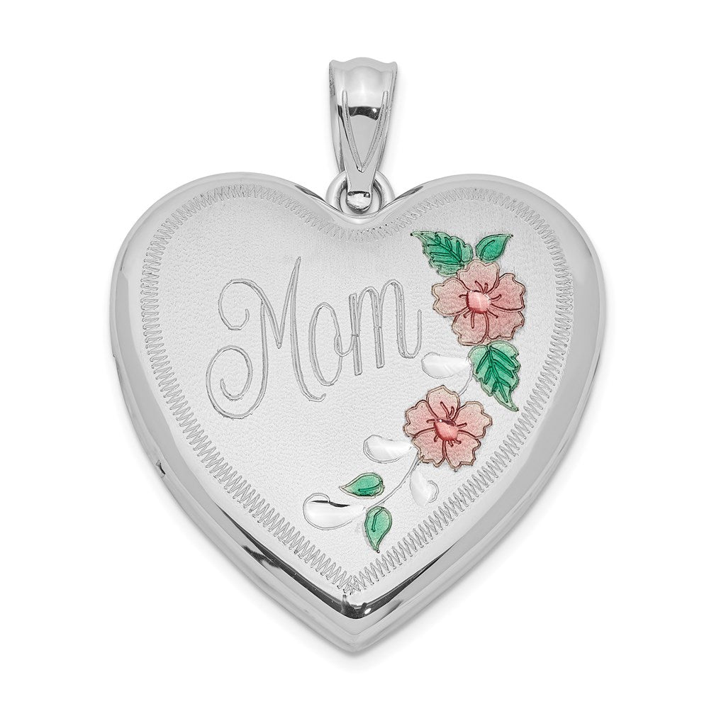 Sterling Silver Rhodium-plated 24mm Enameled Floral Mom Heart Locket, 30.25 x 24 mm