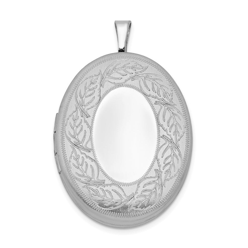 Sterling Silver Rhodium-plated 26mm Leaf Border Oval Locket, 31.65 x 20.5 mm