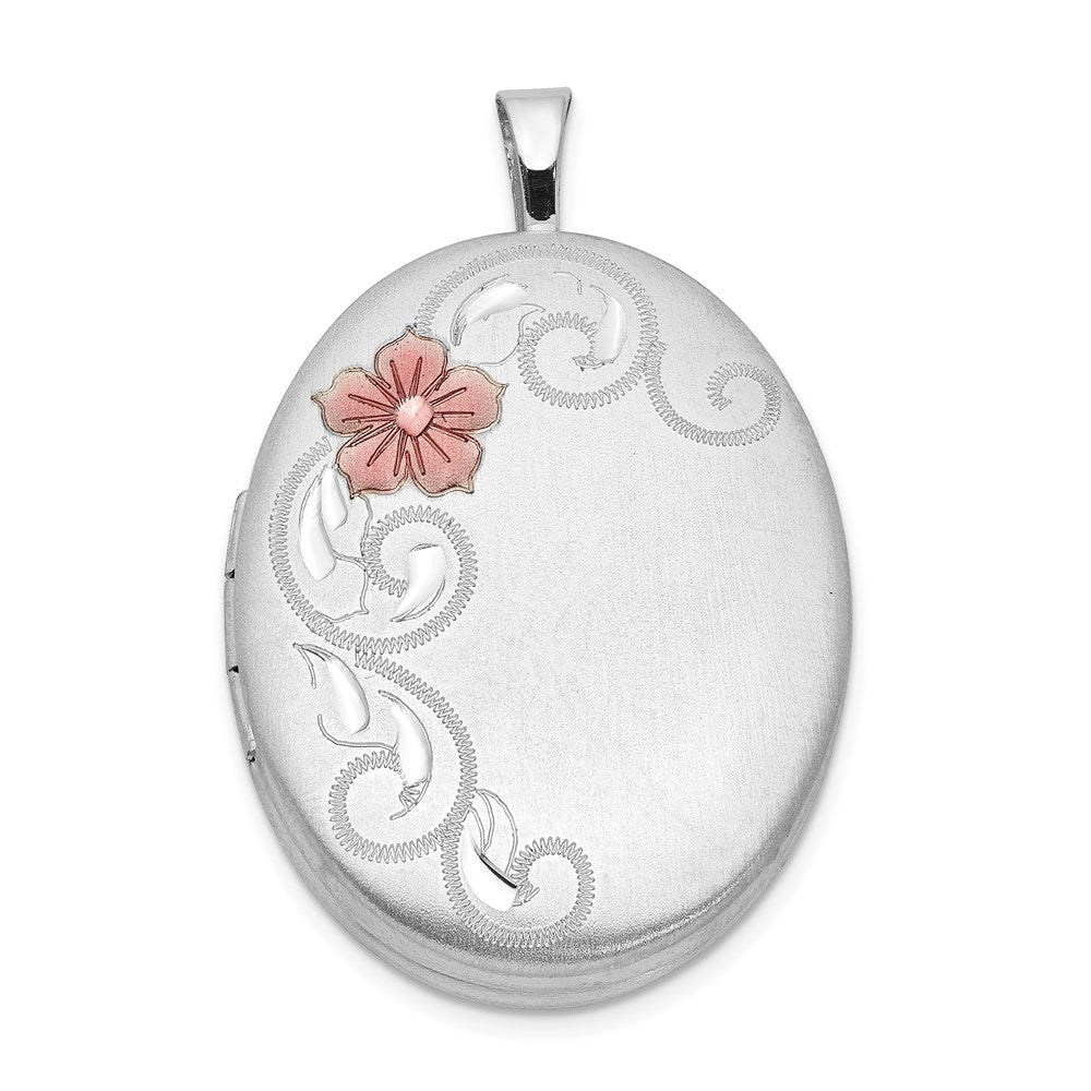 Sterling Silver Rhod-plated 26mm Satin Enameled Flower Scroll Oval Locket, 31.75 x 20.45 mm