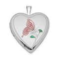 Sterling Silver Rhodium-plated 20mm Enameled Butterfly Heart Locket, 25.2 x 19.6 mm