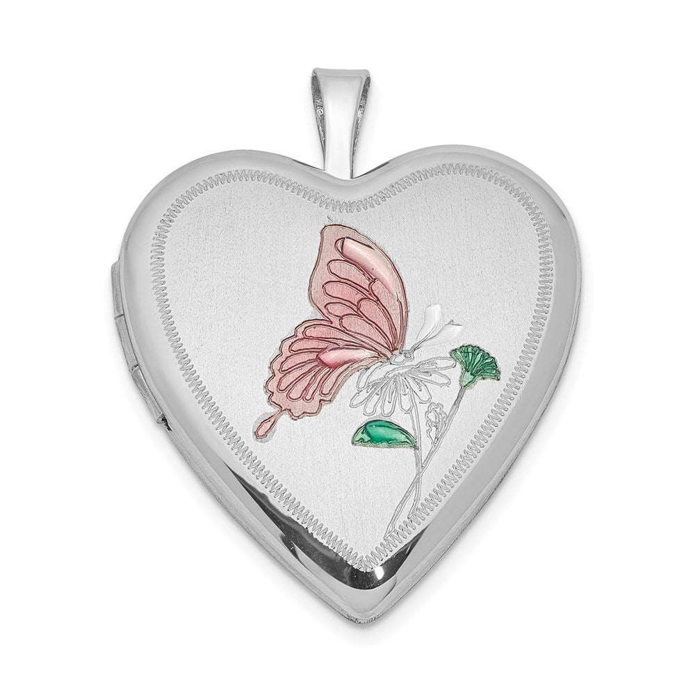 Sterling Silver Rhodium-plated 20mm Enameled Butterfly Heart Locket, 25.2 x 19.6 mm