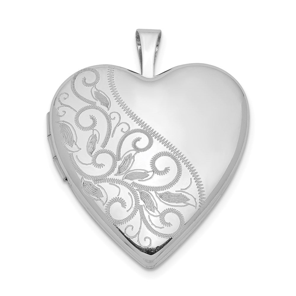Sterling Silver Rhodium-plated 20mm Swirl & Polished Heart Locket, 25.2 x 20 mm