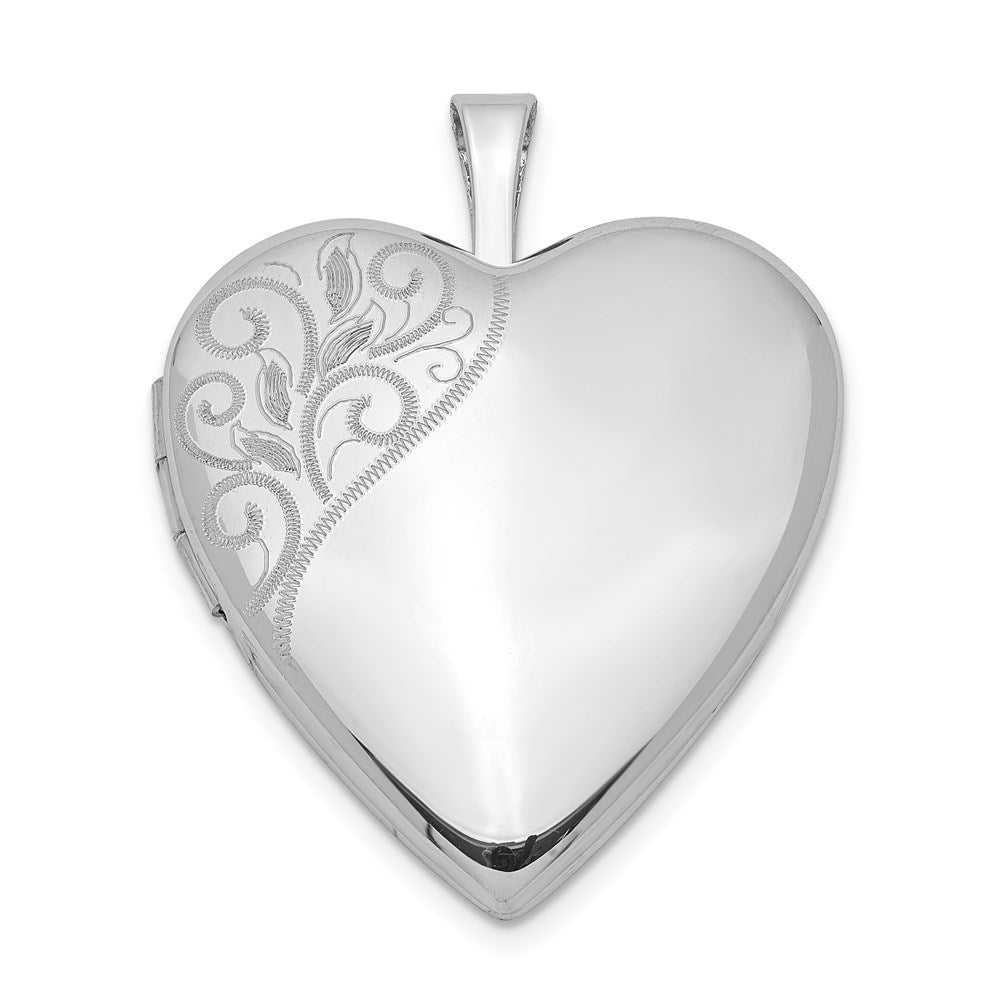 Sterling Silver Rhodium-plated 20mm Polished Swirl Heart Locket, 25.15 x 19.6 mm