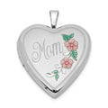 Sterling Silver Rhodium-plated 20mm Enameled Floral Mom Heart Locket, 25.25 x 19.55 mm