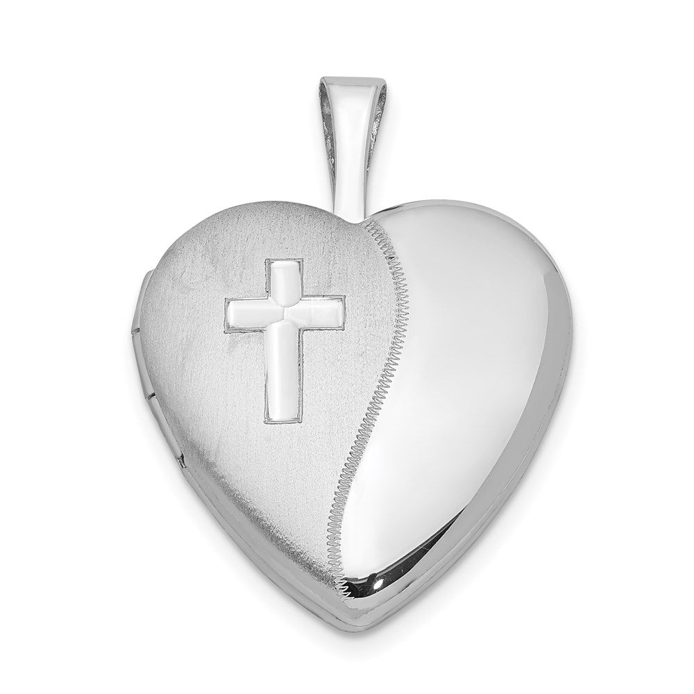 Sterling Silver Rhodium-plated 16mm Polished & Satin Cross Heart Locket, 21.4 x 16.1 mm