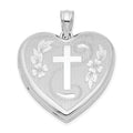 Sterling Silver Rhodium-plated 24mm D/C Cross Heart Locket, 30.5 x 23.75 mm