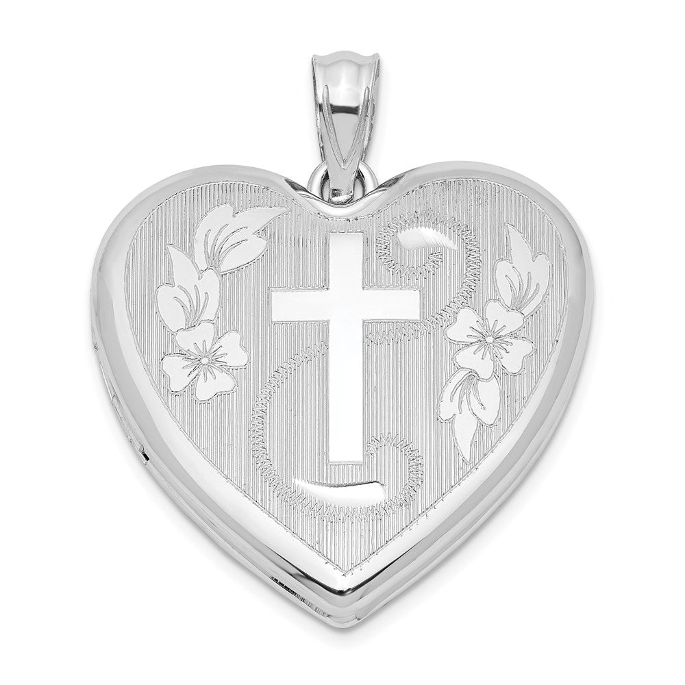 Sterling Silver Rhodium-plated 24mm D/C Cross Heart Locket, 30.5 x 23.75 mm