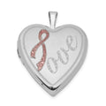 Sterling Silver Rhodium-plated 20mm Satin Pink Ribbon Love Heart Locket, 24 x 20 mm