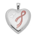 Sterling Silver Rhodium-plated 24mm Enameled D/C Pink Ribbon Heart Locket, 30.2 x 23.75 mm