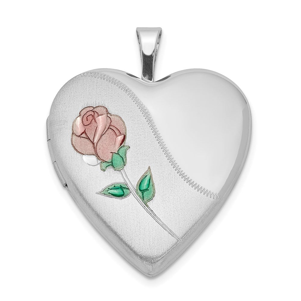Sterling Silver Rhod-plated 20mm Satin, Enamel, D/C Floral Heart Locket, 24.85 x 19.6 mm