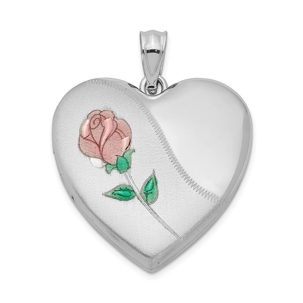 Sterling Silver Rhodium-plated 24mm Satin Enameled & D/C Rose Locket, 30.4 x 23.75 mm