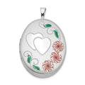 Sterling Silver Rhod-plated Satin Enamel & D/C Floral & Heart Oval Locket, 31.3 x 20.5 mm