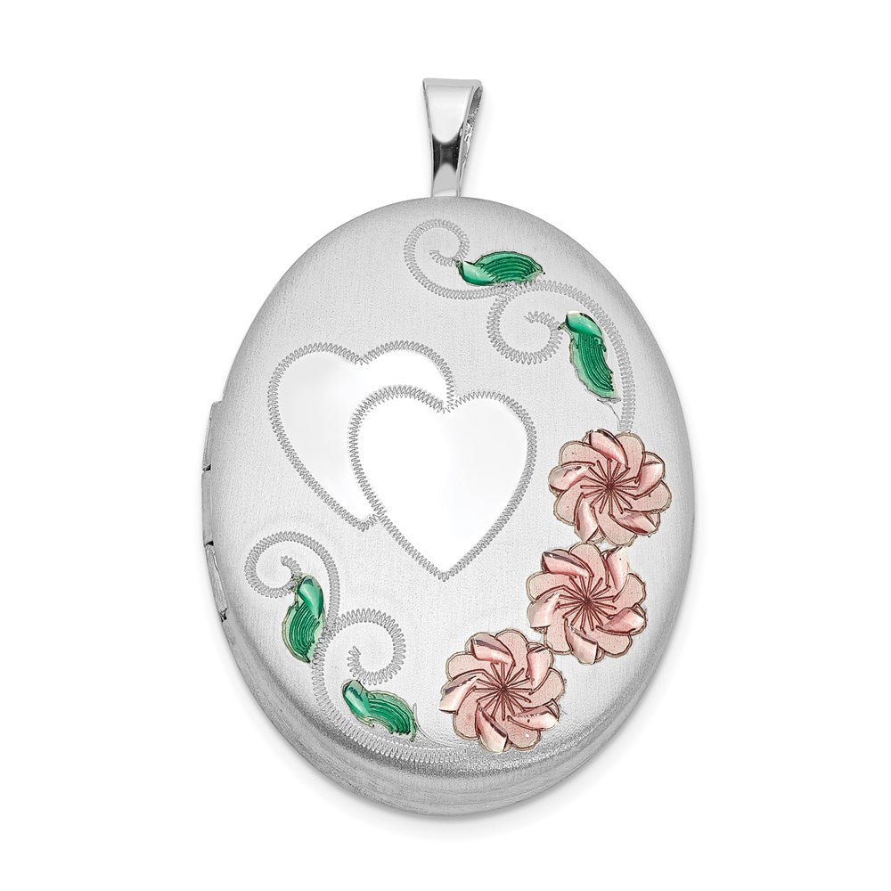 Sterling Silver Rhod-plated Satin Enamel & D/C Floral & Heart Oval Locket, 31.3 x 20.5 mm
