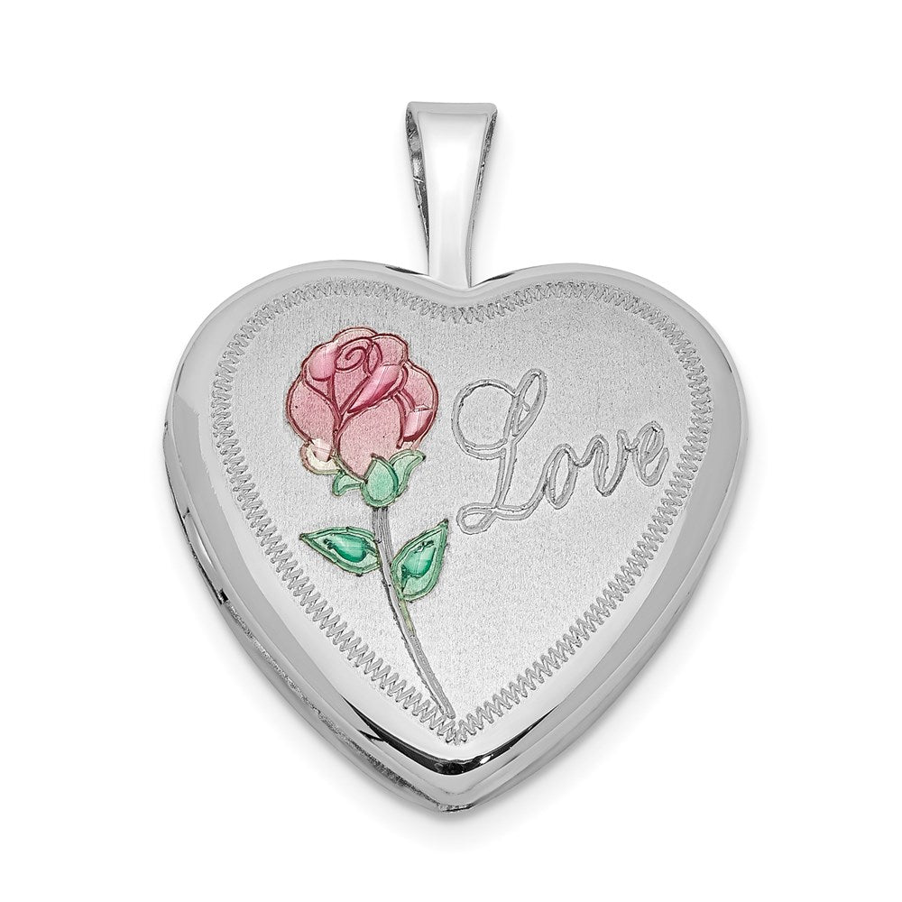 Sterling Silver Rhodium-plated 16mm Enameled & D/C Love Heart Locket, 21.05 x 16.2 mm