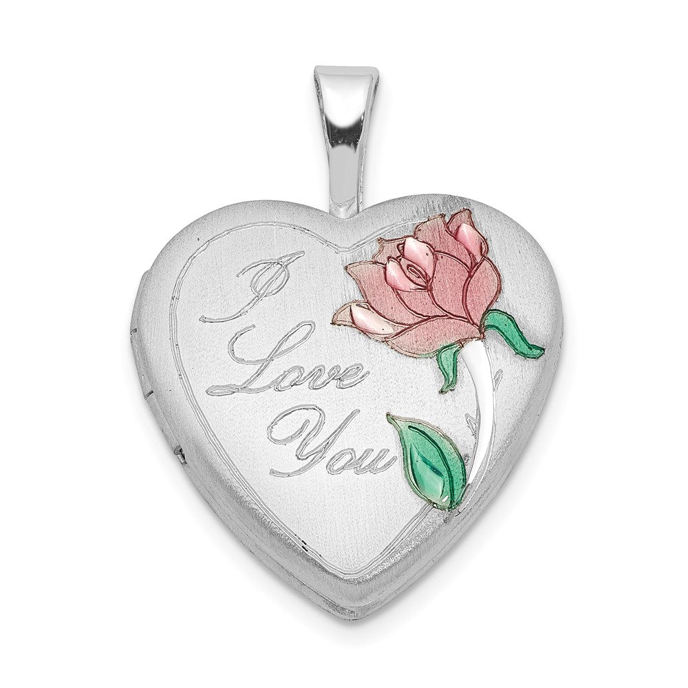 Sterling Silver RH-plated Satin & Enameled I Love You Rose Heart Locket, 21.75 x 16.1 mm