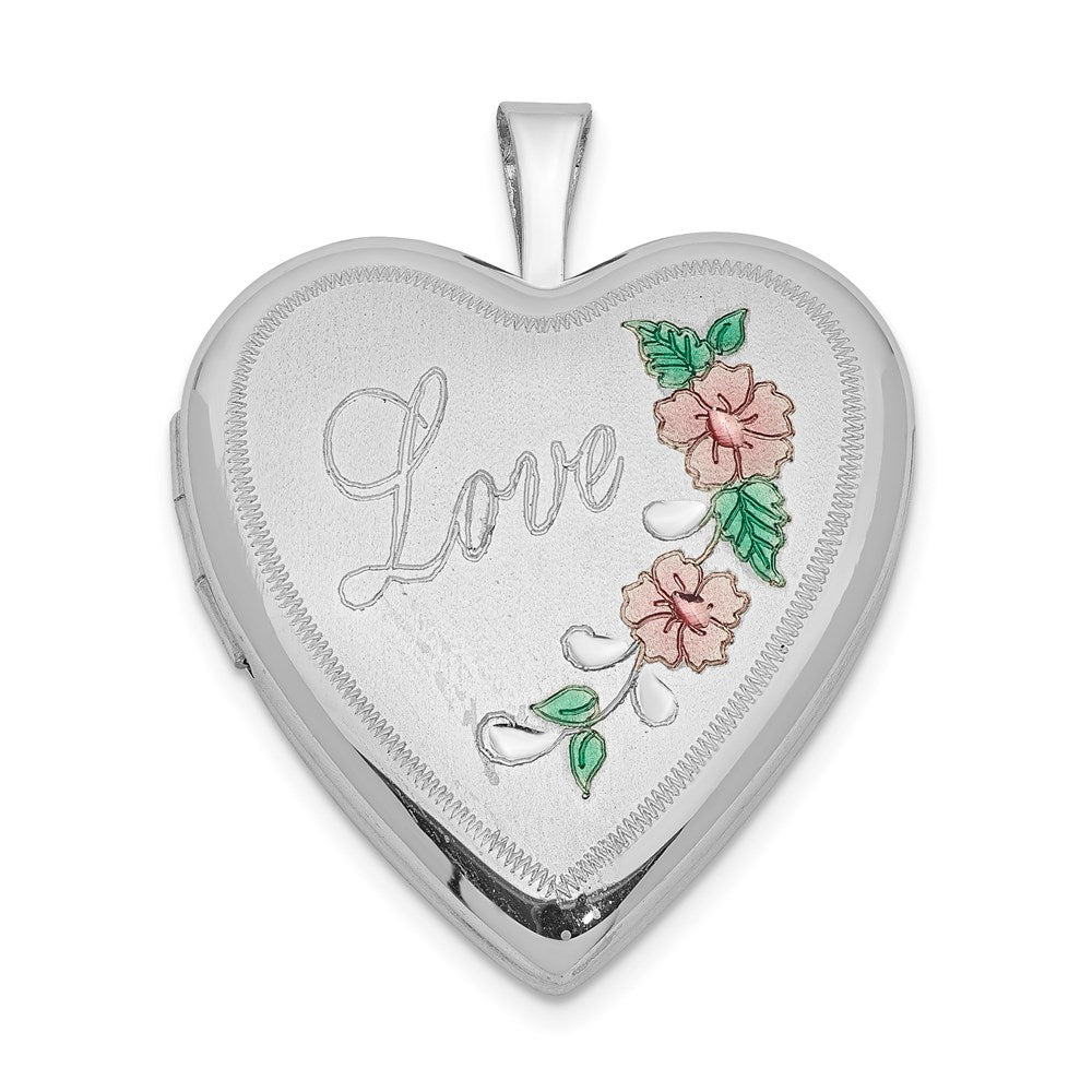 Sterling Silver Rhodium-plated 20mm D/C & Enameled Love Heart Locket, 25.15 x 19.6 mm