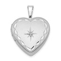 Sterling Silver Rhodium-plated Satin & D/C Diamond Star Heart Locket, 0.015 ct, 21.35 x 16.1 mm
