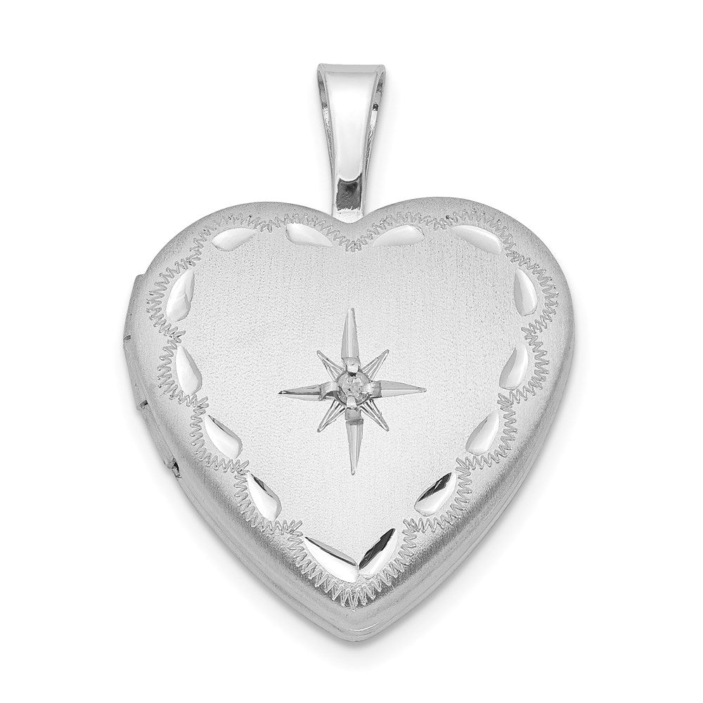 Sterling Silver Rhodium-plated Satin & D/C Diamond Star Heart Locket, 0.015 ct, 21.35 x 16.1 mm