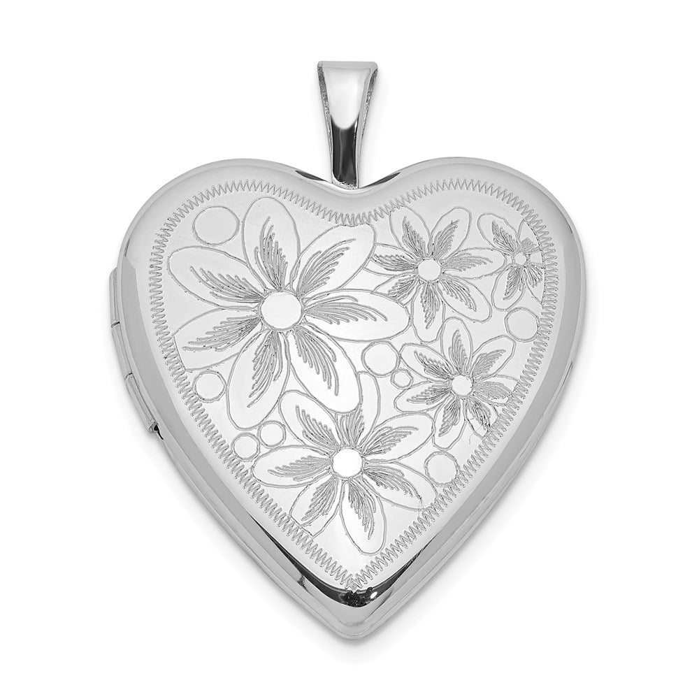 Sterling Silver Rhodium-plated 20mm Textured Daisies Heart Locket, 25.05 x 19.6 mm
