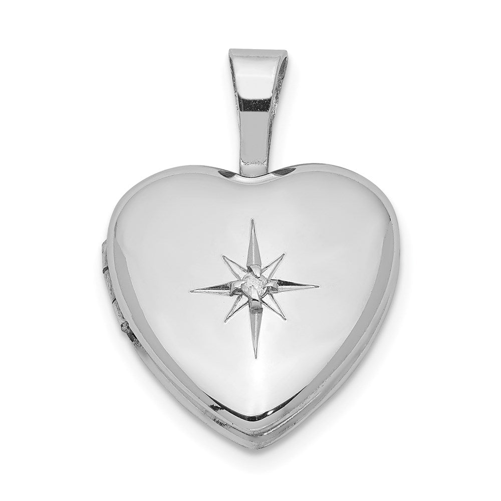 Sterling Silver Rhodium-plated & Diamond Star Polished 12mm Heart Locket, 0.01 ct, 17.9 x 12.45 mm