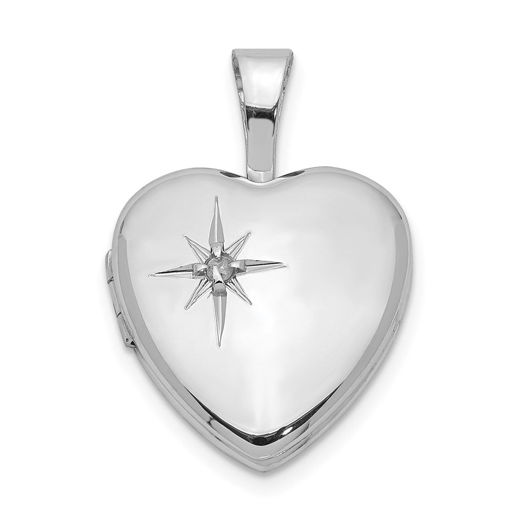 Sterling Silver Rhodium-plated Polished Diamond Star 12mm Heart Locket, 0.01 ct, 18 x 12.35 mm