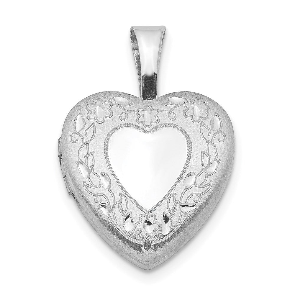 Sterling Silver Rhodium-plated Flower Border 12mm Heart Locket, 17 x 12.36 mm